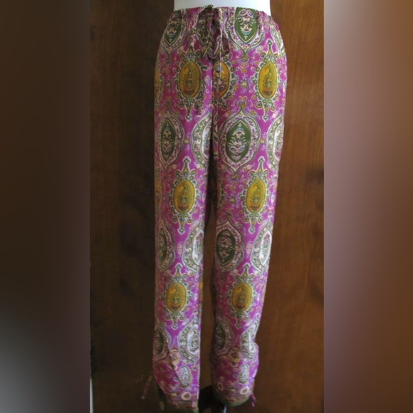 Ralph Lauren Paisley Boho Ruched Hem Drawstring Lounge Pants Purple Green Sz. S - Picture 2 of 10